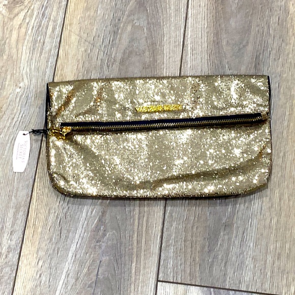 Victoria's Secret Handbags - NWT VICTORIA’S SECRET Gold Sequin Fold Over Zipper Clutch Makeup B…